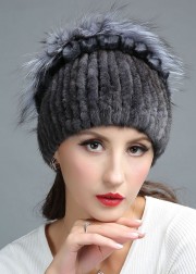 Women Knitted Mink Fur Hat Decorated with Silver Fox Fur