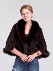 Natural Mink Fur Poncho Fox Fur Trimmed Cloak