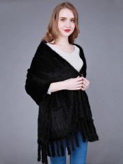 Knitted Mink Fur Shawl with pocket and fringes