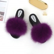 Womens Fluffy Multicolor Slides Real Fox Fur Slippers Mid-Heels Pumps