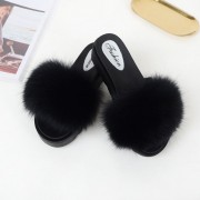 Womens Fluffy Multicolor Slides Real Fox Fur Slippers Mid-Heels Pumps