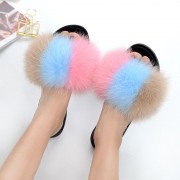 Womens Fluffy Multicolor Slides Real Fox Fur Slippers Mid-Heels Pumps