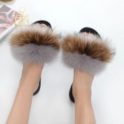 Womens Fluffy Multicolor Slides Real Fox Fur Slippers Mid-Heels Pumps