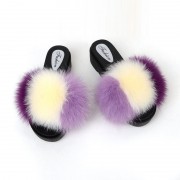 Womens Fluffy Multicolor Slides Real Fox Fur Slippers Mid-Heels Pumps