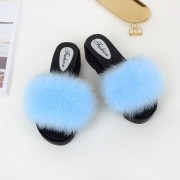 Womens Fluffy Multicolor Slides Real Fox Fur Slippers Mid-Heels Pumps