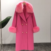 Natural Fox Fur Collar Cashmere Wool Blends Long Coat