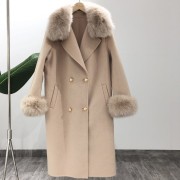 Natural Fox Fur Collar Cashmere Wool Blends Long Coat