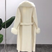 Natural Fox Fur Collar Cashmere Wool Blends Long Coat