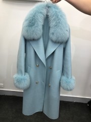 Natural Fox Fur Collar Cashmere Wool Blends Long Coat