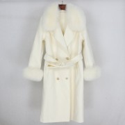 Natural Fox Fur Collar Cashmere Wool Blends Long Coat