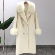 Natural Fox Fur Collar Cashmere Wool Blends Long Coat