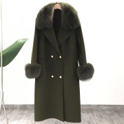 Natural Fox Fur Collar Cashmere Wool Blends Long Coat