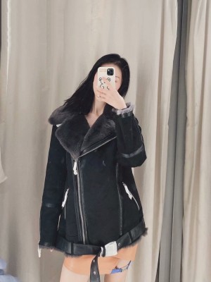 Women Rabbit Fur Lining Casual Sheepskin Jacket with Belts