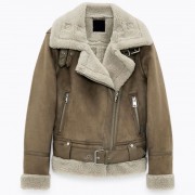 Women Rabbit Fur Lining Casual Sheepskin Jacket with Belts