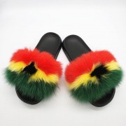 Flag Pattern Slides Women Fluffy Slides Real Fox Fur Slippers