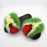 Flag Pattern Slides Women Fluffy Slides Real Fox Fur Slippers