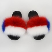 Flag Pattern Slides Women Fluffy Slides Real Fox Fur Slippers