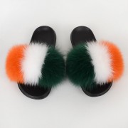 Women Colorful Slides Fluffy Slides Real Fox Fur Slippers Flag Pattern