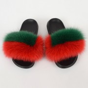 Women Colorful Slides Fluffy Slides Real Fox Fur Slippers Flag Pattern