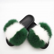 Flag Pattern Slides Women Fluffy Slides Real Fox Fur Slippers