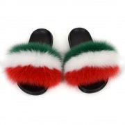 Women Colorful Slides Fluffy Slides Real Fox Fur Slippers Flag Pattern