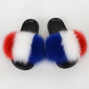 Women Colorful Slides Fluffy Slides Real Fox Fur Slippers Flag Pattern