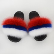 Women Colorful Slides Fluffy Slides Real Fox Fur Slippers Flag Pattern