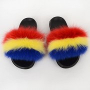 Women Colorful Slides Fluffy Slides Real Fox Fur Slippers Flag Pattern