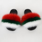 Women Colorful Slides Fluffy Slides Real Fox Fur Slippers Flag Pattern