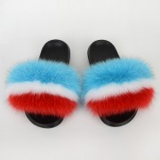 Women Colorful Slides Fluffy Slides Real Fox Fur Slippers Flag Pattern