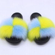 Women Colorful Slides Fluffy Slides Real Fox Fur Slippers Flag Pattern