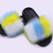 Women Colorful Slides Fluffy Slides Real Fox Fur Slippers Flag Pattern