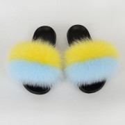 Women Colorful Slides Fluffy Slides Real Fox Fur Slippers Flag Pattern