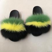 Flag Pattern Slides Women Fluffy Slides Real Fox Fur Slippers