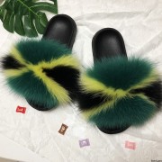 Flag Pattern Slides Women Fluffy Slides Real Fox Fur Slippers